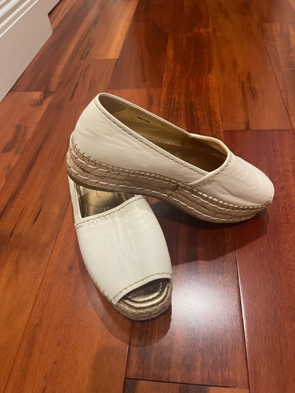 Prada White Leather Espadrille Platform Peep-Toe Slides with Gold Insole - Picture 4 of 5